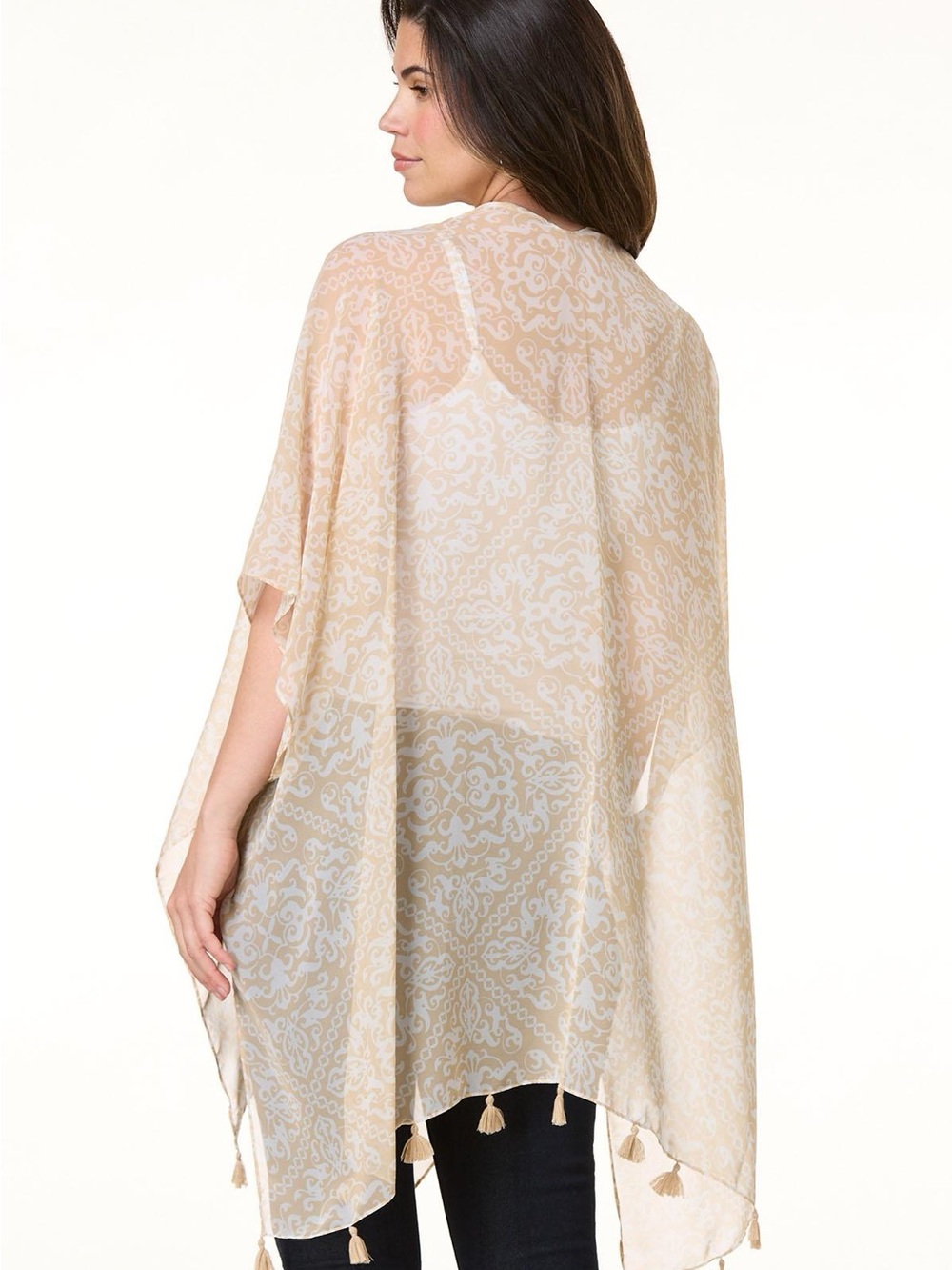 Cato Beige & Cream Sheer Tassel Kimono